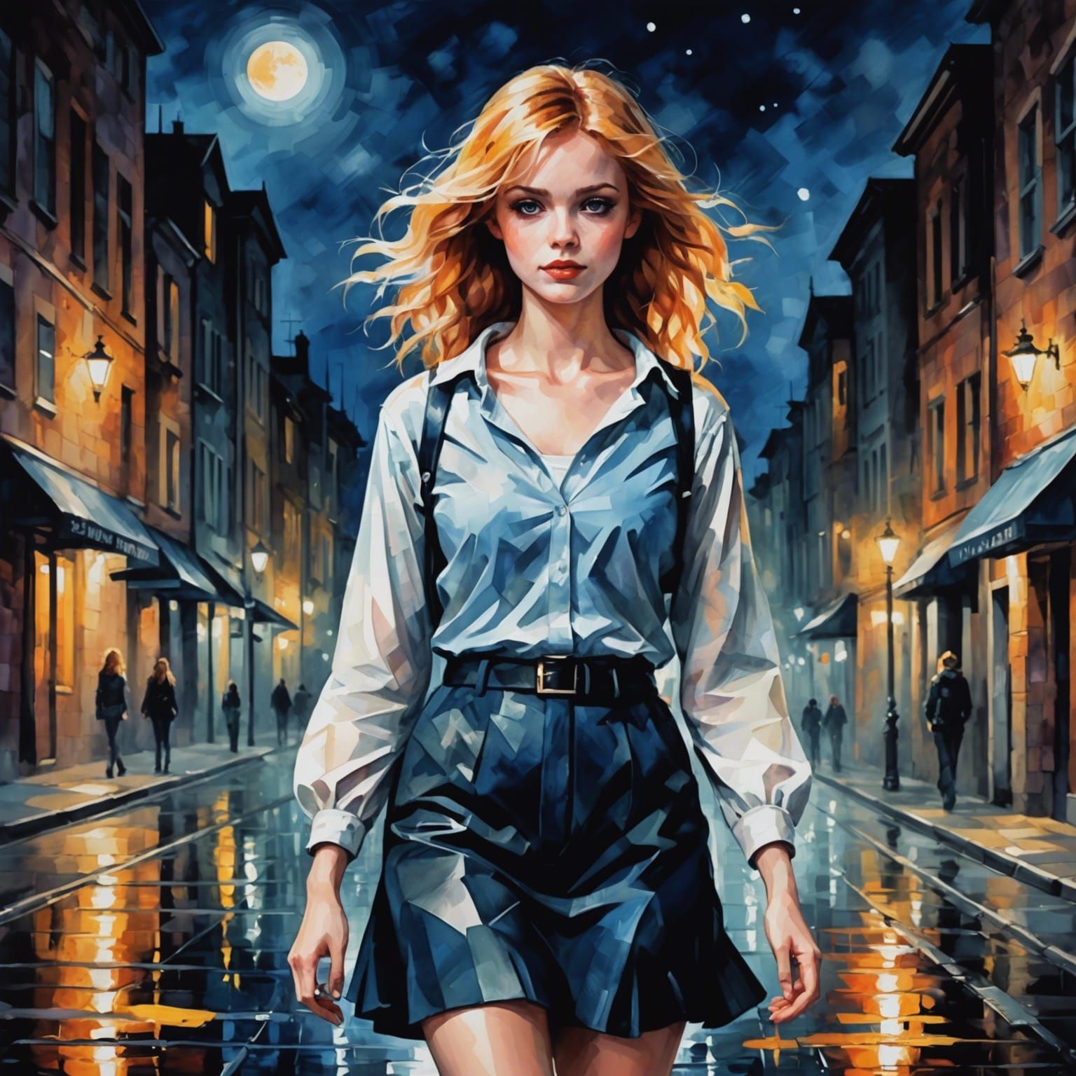 Woman Walking at Night in Leonid Afremov Style