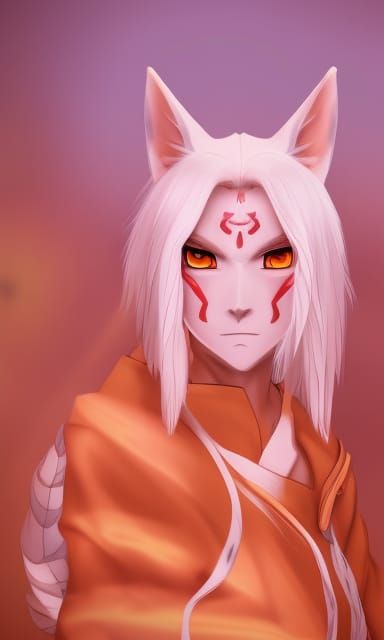 Mysterious White-Haired Kitsune Portrait in Anime Fantasy St...