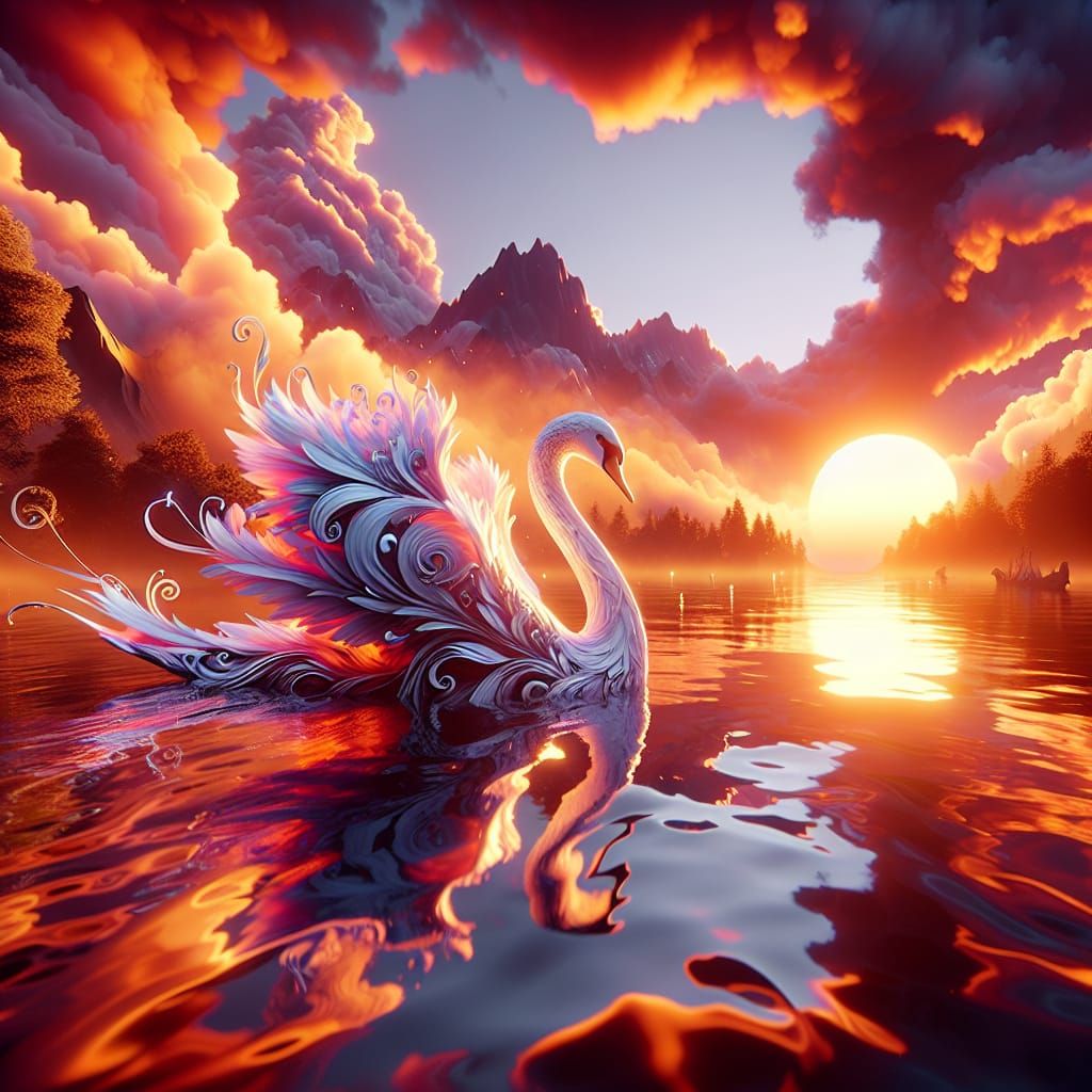 Elegant Swan on Tranquil Lake at Sunset