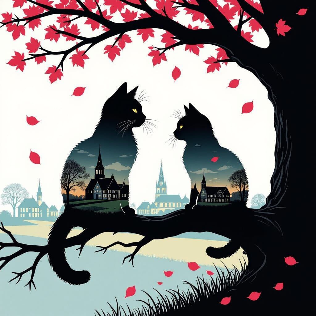 Medieval Cat Double Exposure Art with Dutch Village