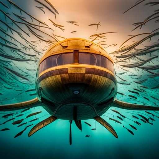 Glass Submarine Among Fish in Blue Sea