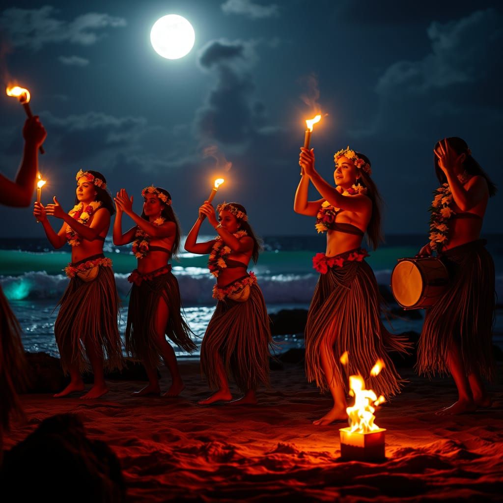 Polynesian Hula Ceremony on Volcanic Beach at Night