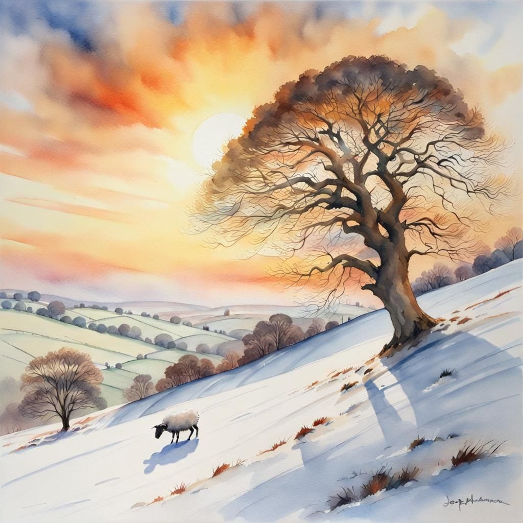 Winter Hill with Sycamore Tree in Watercolour