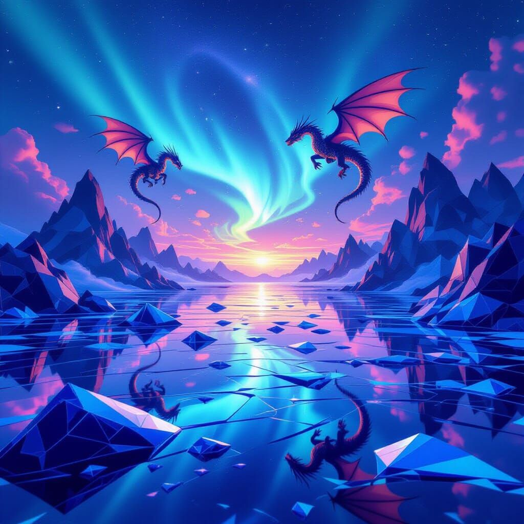 Dragons Soar Over Neon Aurora Sea with Glass Islands