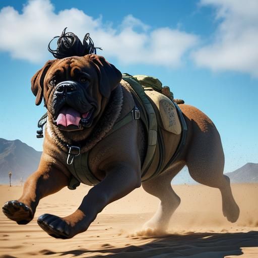 Woman and Mastiff Hike: Pop Surrealist Mountain Trail