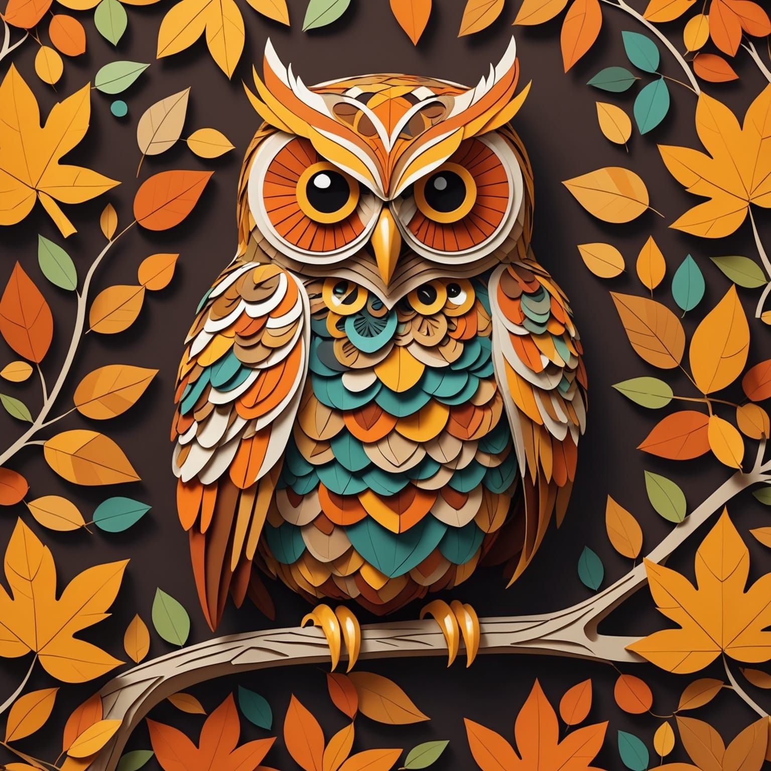 Filigree Fractal Owl Autumn Color Ink Masterpiece