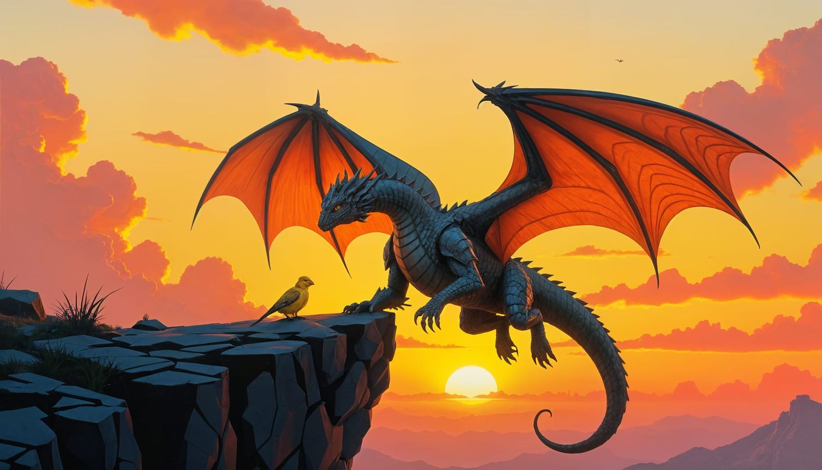 Armored Dragon Shelters Canary on Cliff at Sunset
