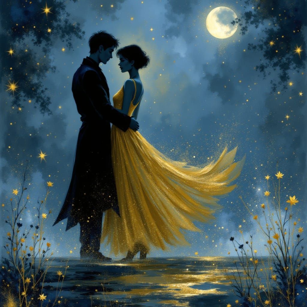 Couple Waltzing Under Moonlight on Abandoned Quay