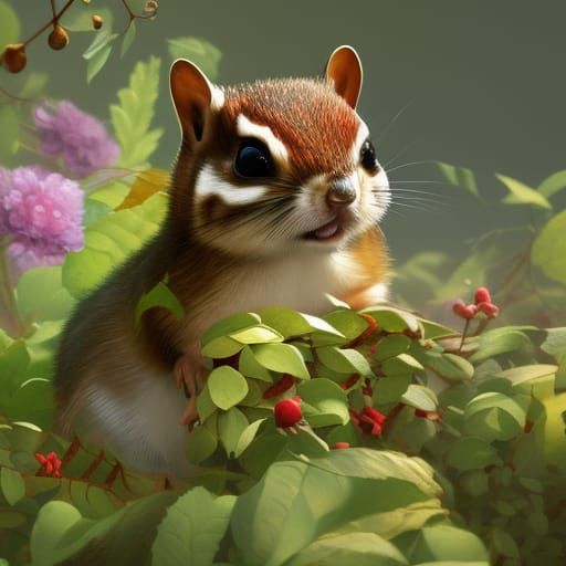 Hyperrealistic Chipmunk in a Lush Floral Setting