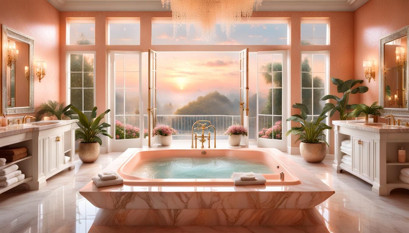 Luxurious Peach Bathroom with Jacuzzi and Balcony