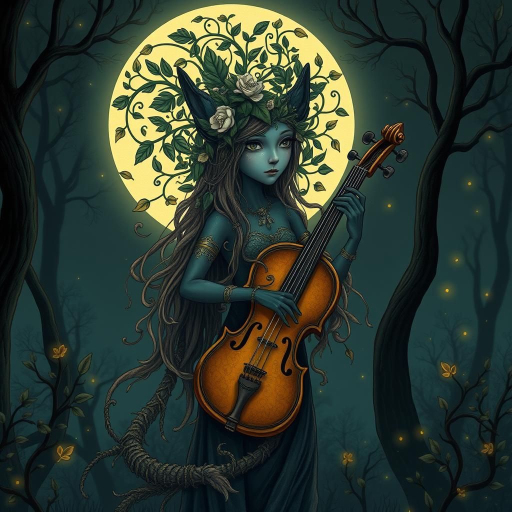 Echidna with Fiddle in Dreamy Moonlit Scene