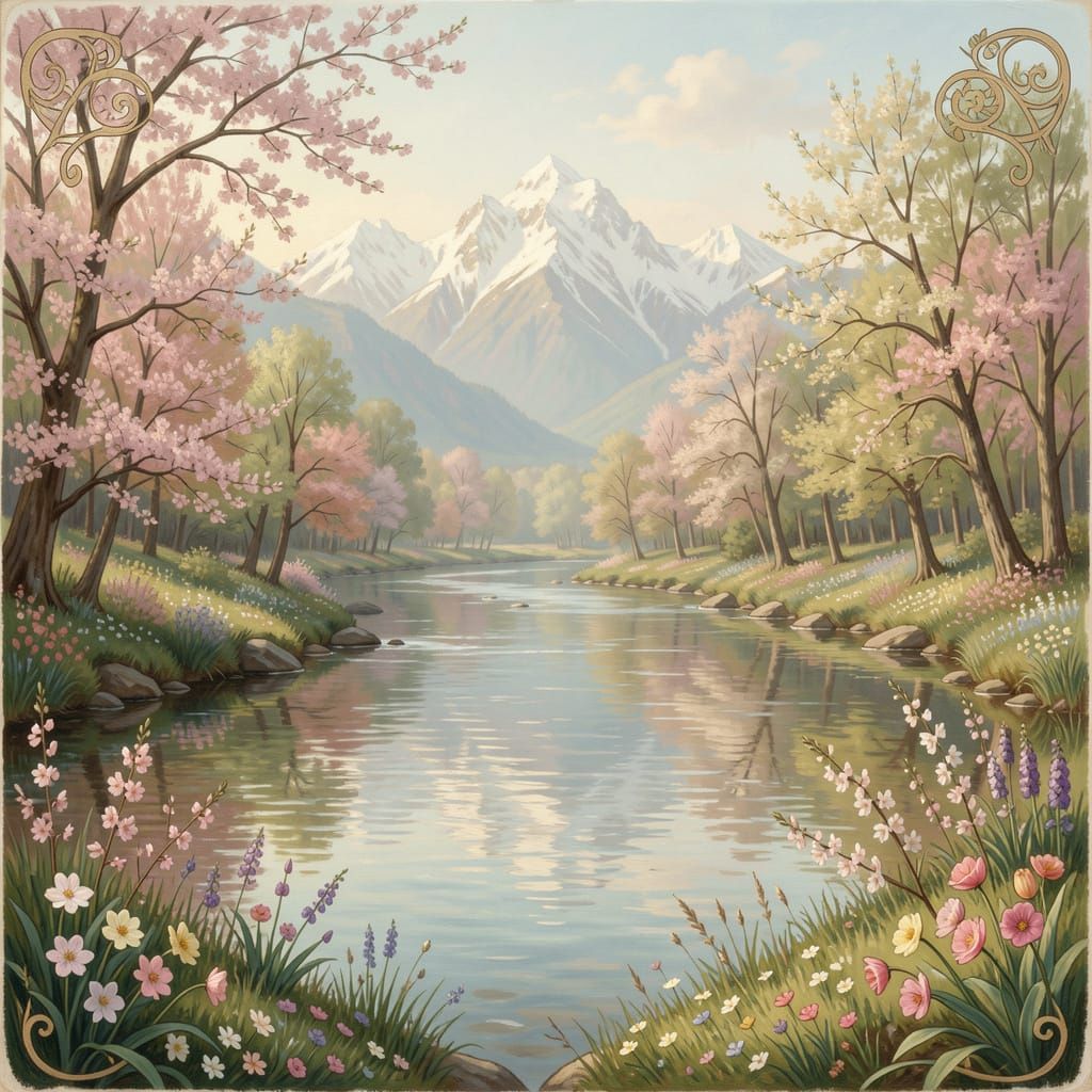 Serene Spring River Landscape Painting with Mountain Views