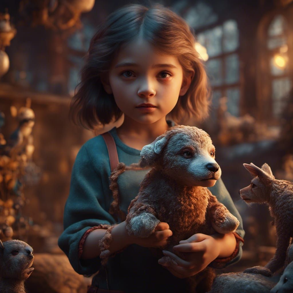 Girl Holding Toy Animals Becoming Real
