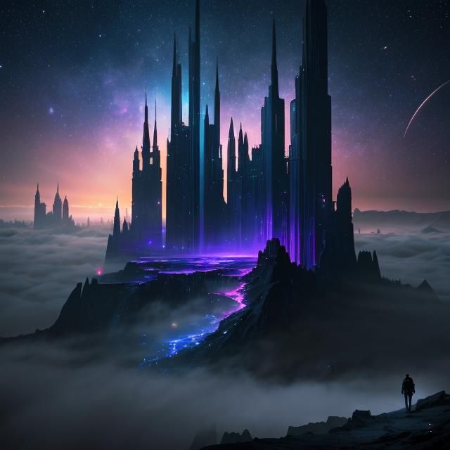 City in Fog Under Night Sky: Fantasy Concept Art