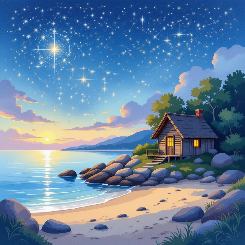 Tranquil Hidden Cove at Twilight in Storybook Style