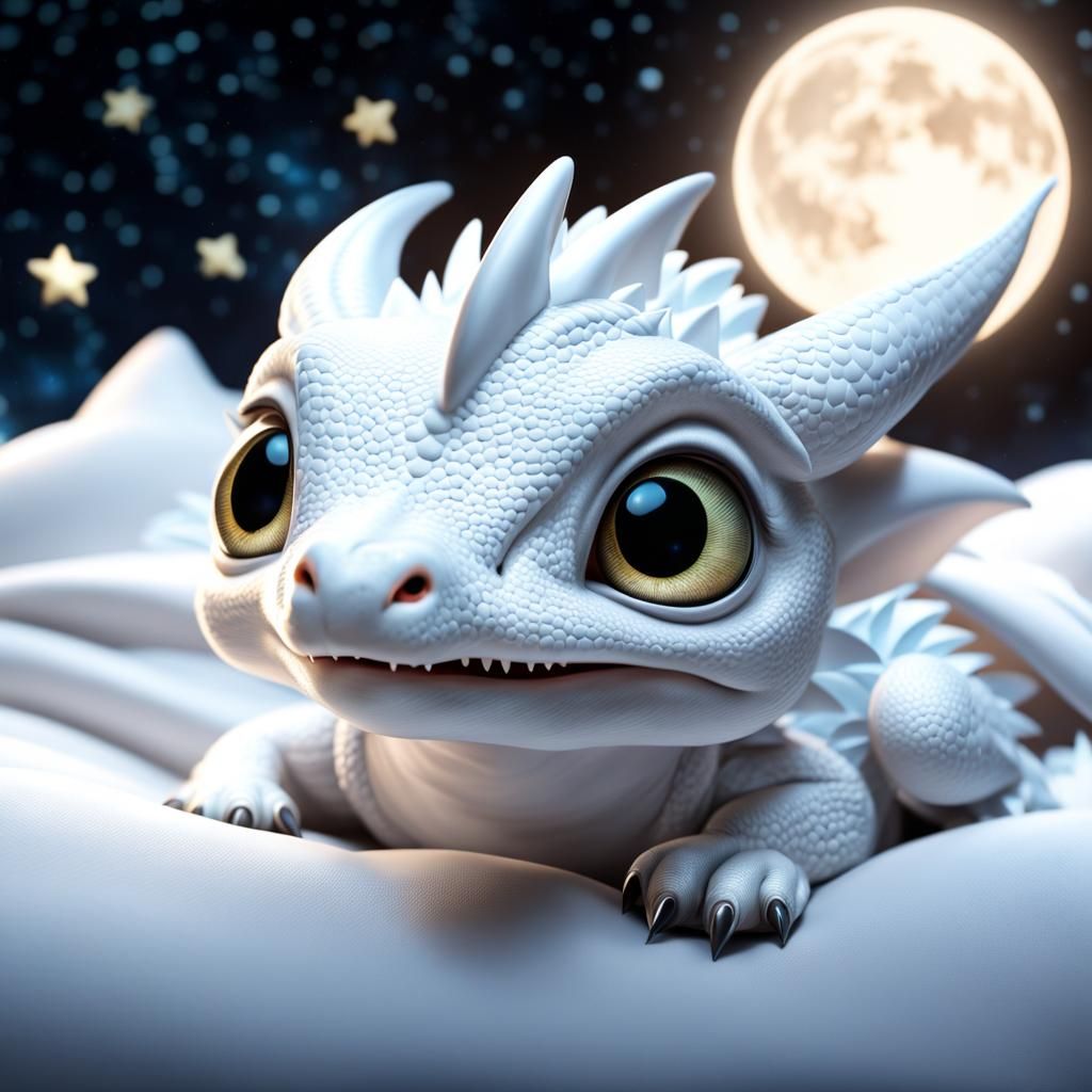 Adorable Baby White Dragon Gazing at Stars
