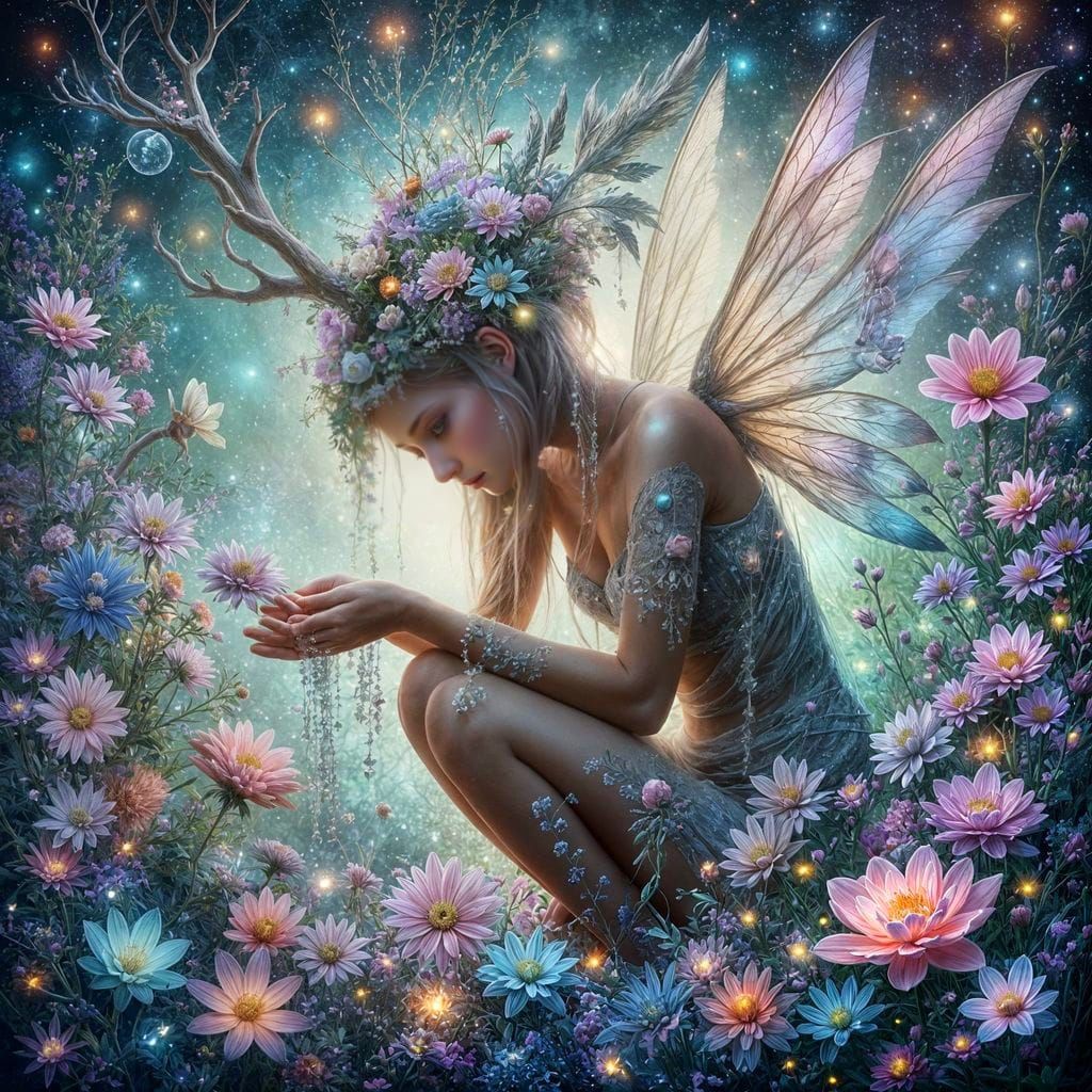 Whimsical Fairy Tends Crystalline Garden
