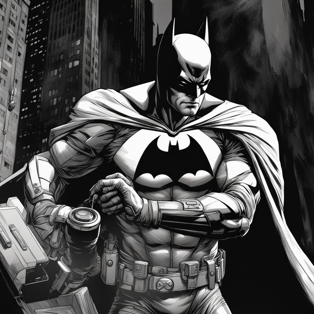 batman holding a phone, in the style of dramatic black and white portraits, realistic hyper-detail, rob liefeld, close-u...