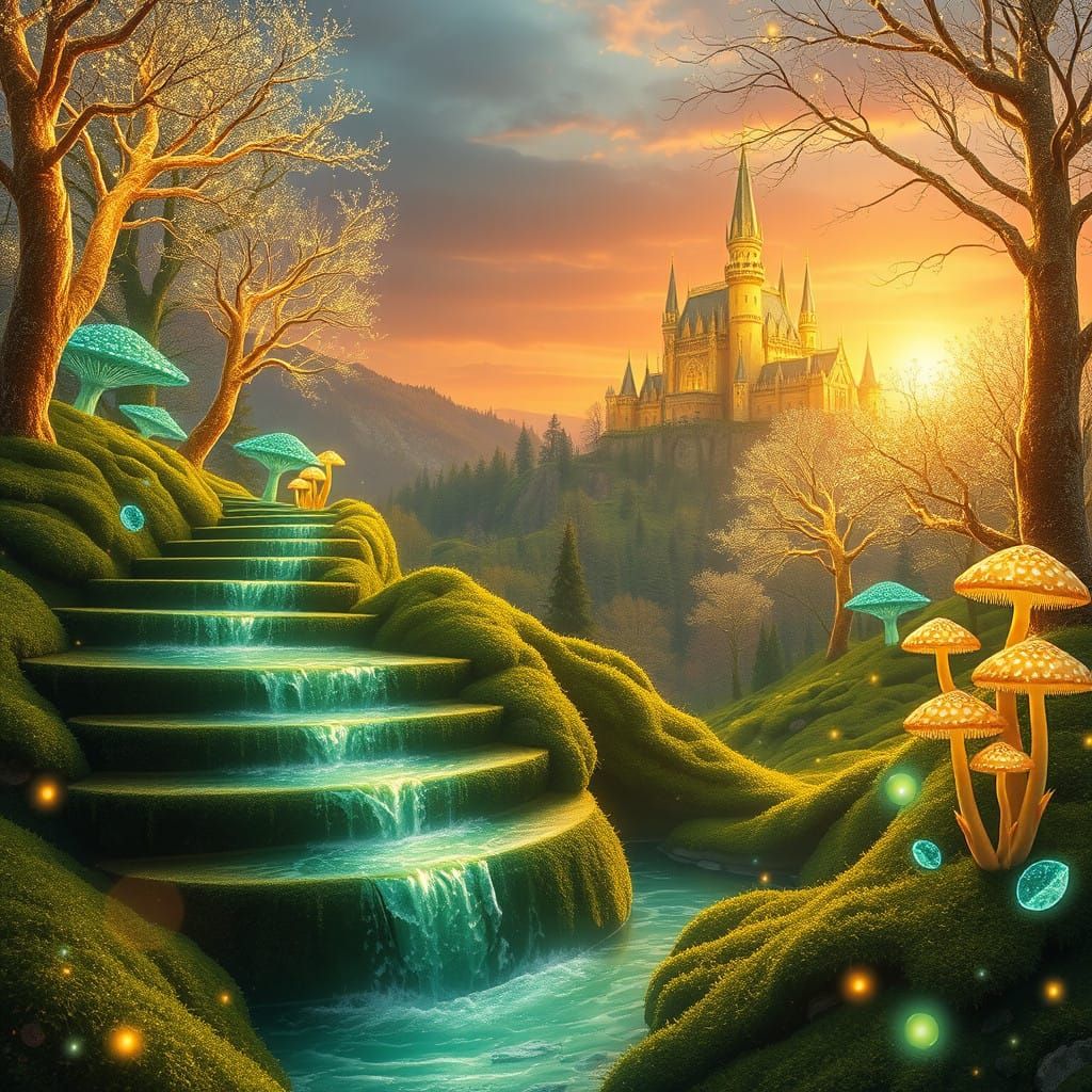 Whimsical Emerald Forest Illuminated by Magical Lights