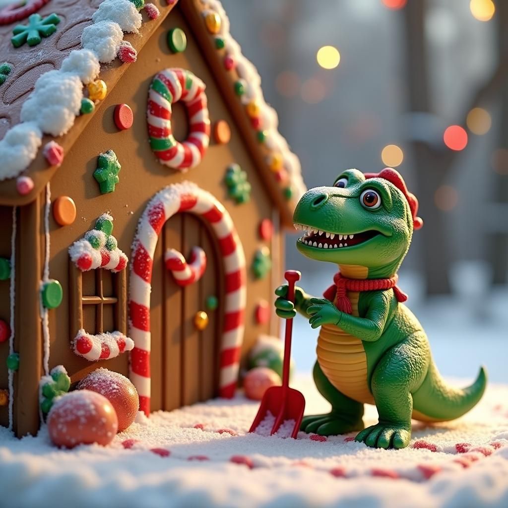 Cute T-Rex with Gingerbread House, Pixar Style