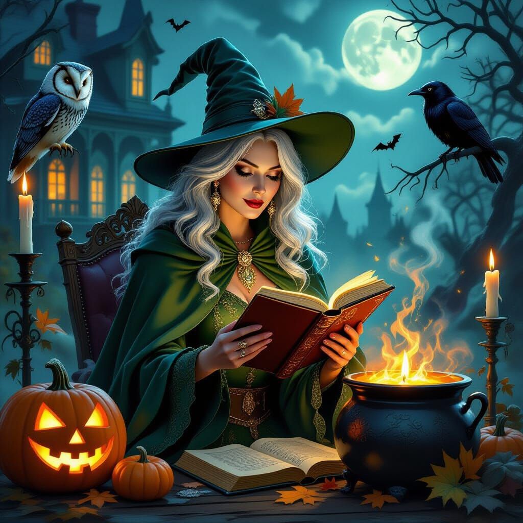 Victorian Sorceress Studying Spells in Eerie Manor