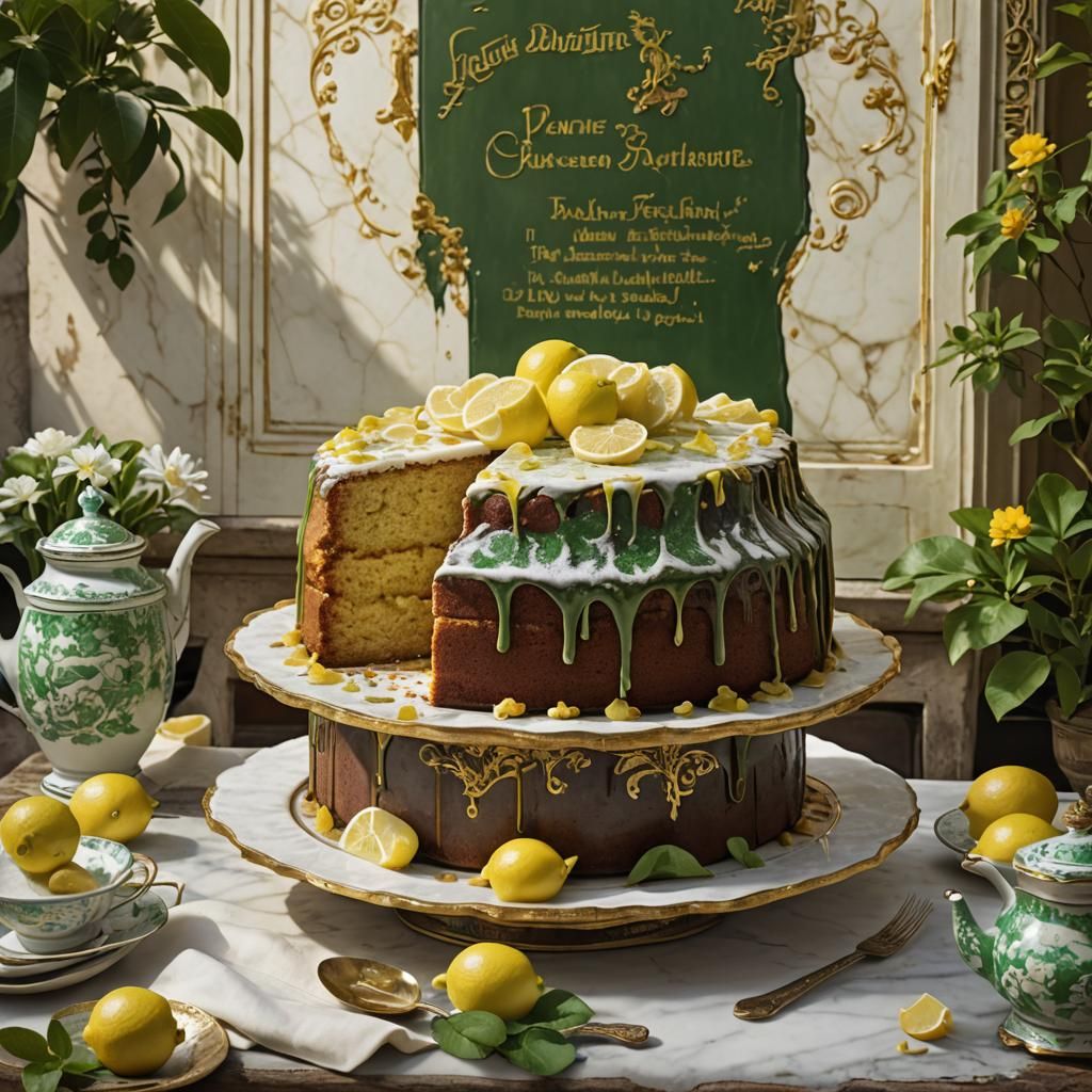 Lemon Cake Overflowing in English Teahouse Setting