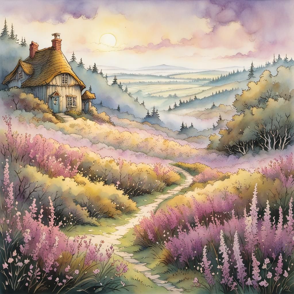 Blooming Heather in Morning Mist: Detailed Illustration