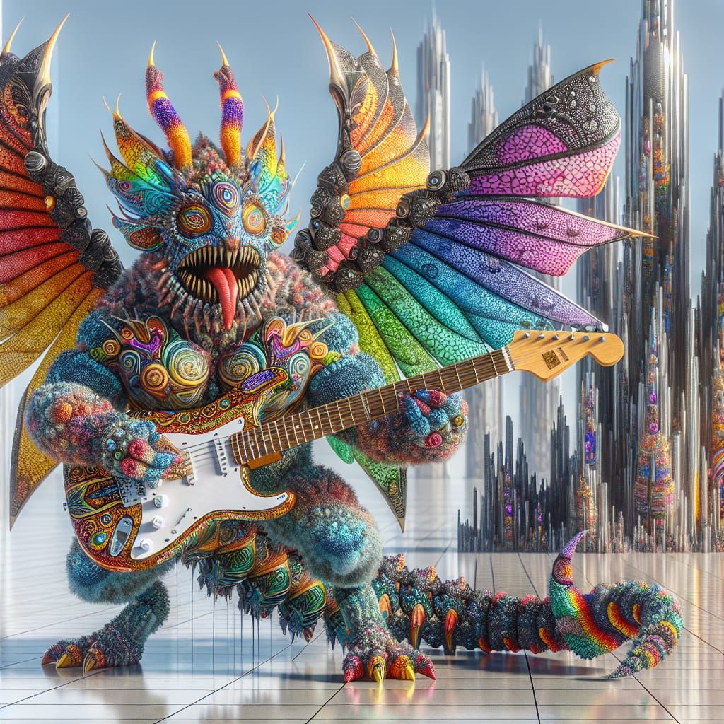 Surreal Mosaic Creature with Rainbow Wings and Black Fender ...