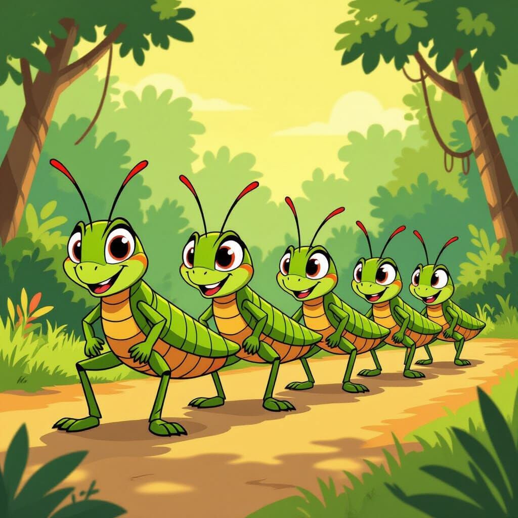 Cartoon Grasshoppers in Conga Line, Jungle Setting