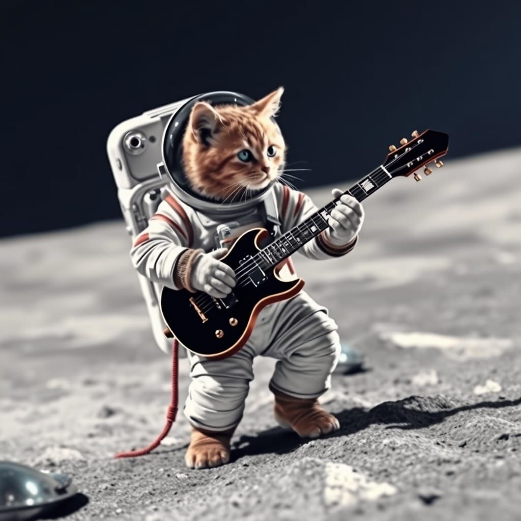 Feline Cosmonaut Rocks Guitar on Lunar Surface