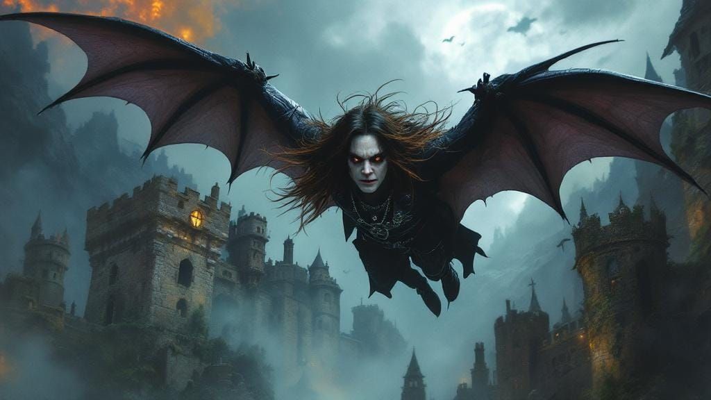Ozzy Osbourne with Bat Wings in Hyperrealistic Style