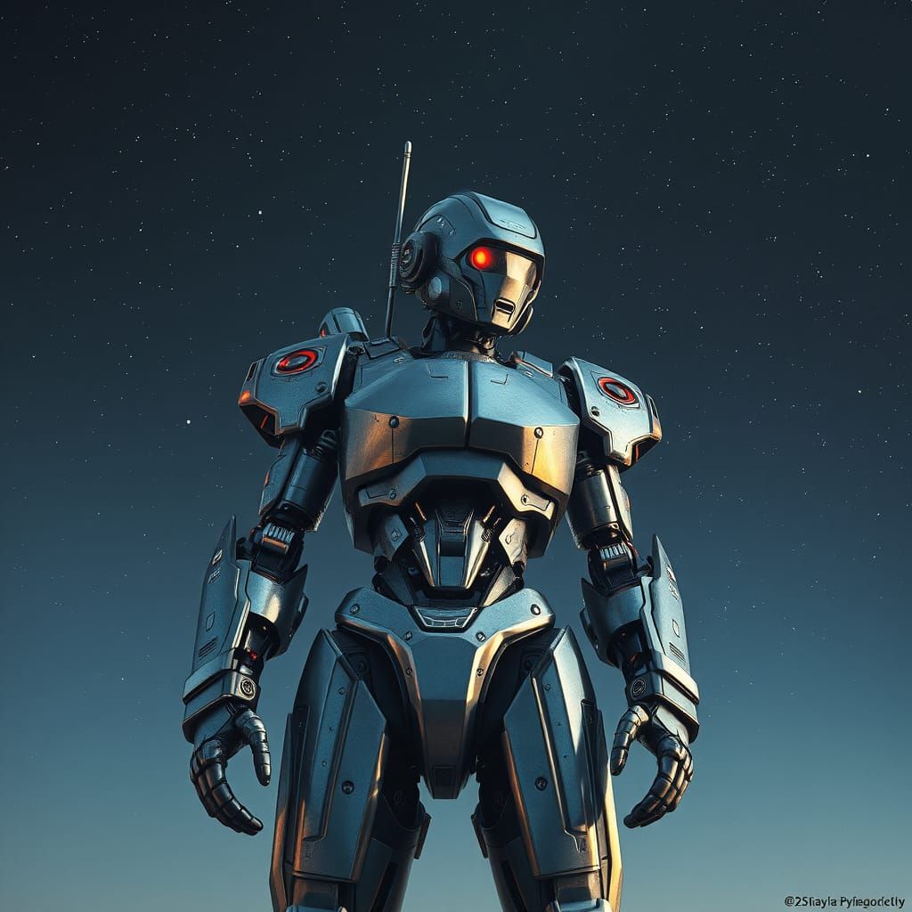 Glowing Robot Guardian in Dark Cosmic Landscape