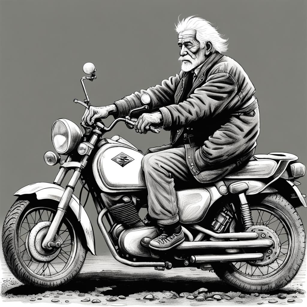 Old Man on Suzuki Hayabusa: Black and White Sketch