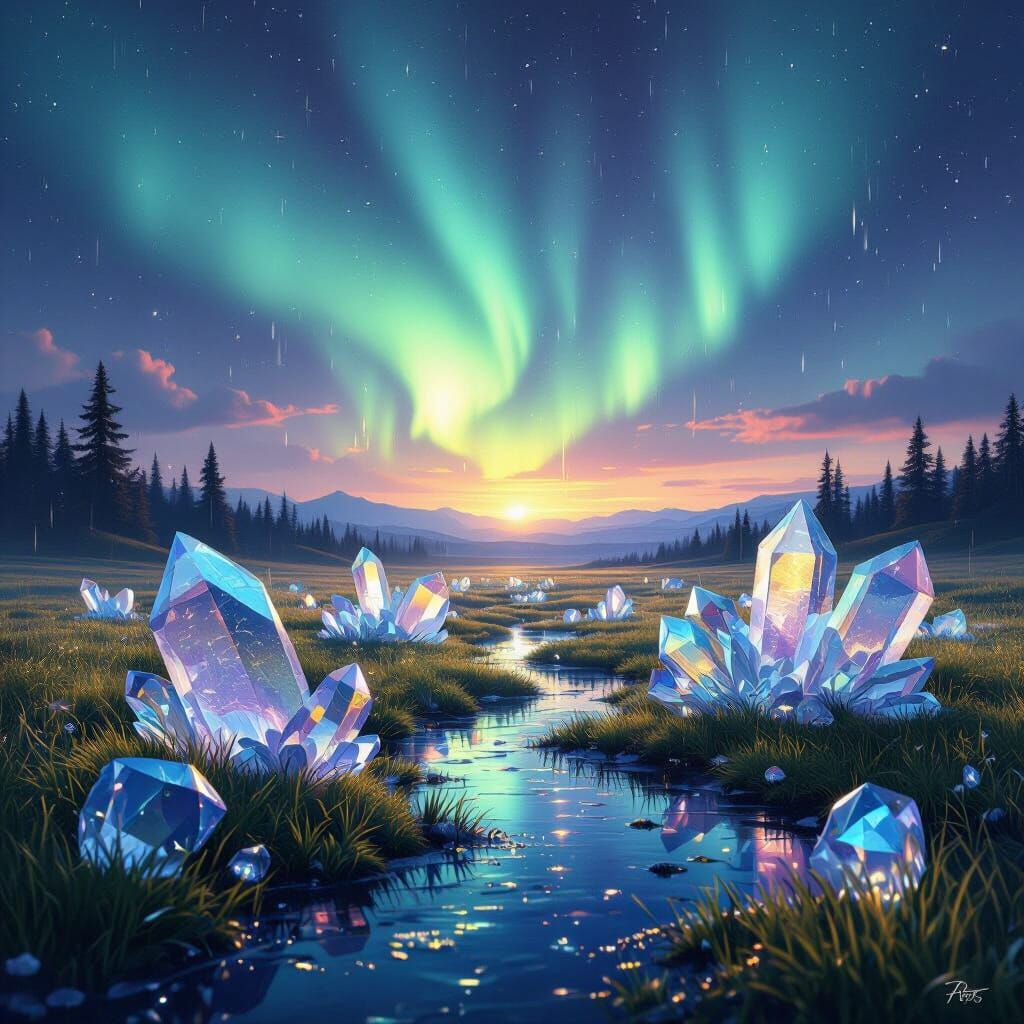 Surreal Crystal Field Under Shimmering Aurora Borealis