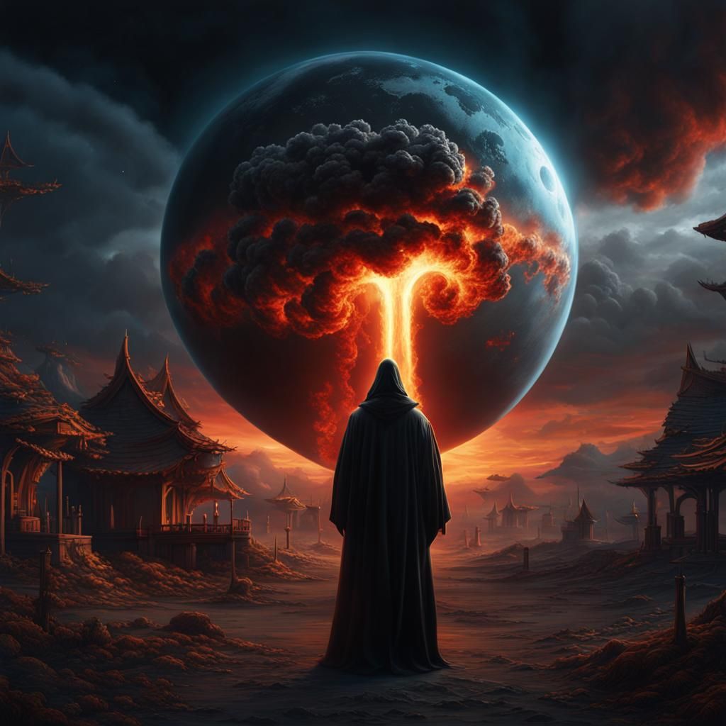 a man in a robe who resembles the grim reaper holding the world globe in his hands with a nuclear mushroom cloud is seen...