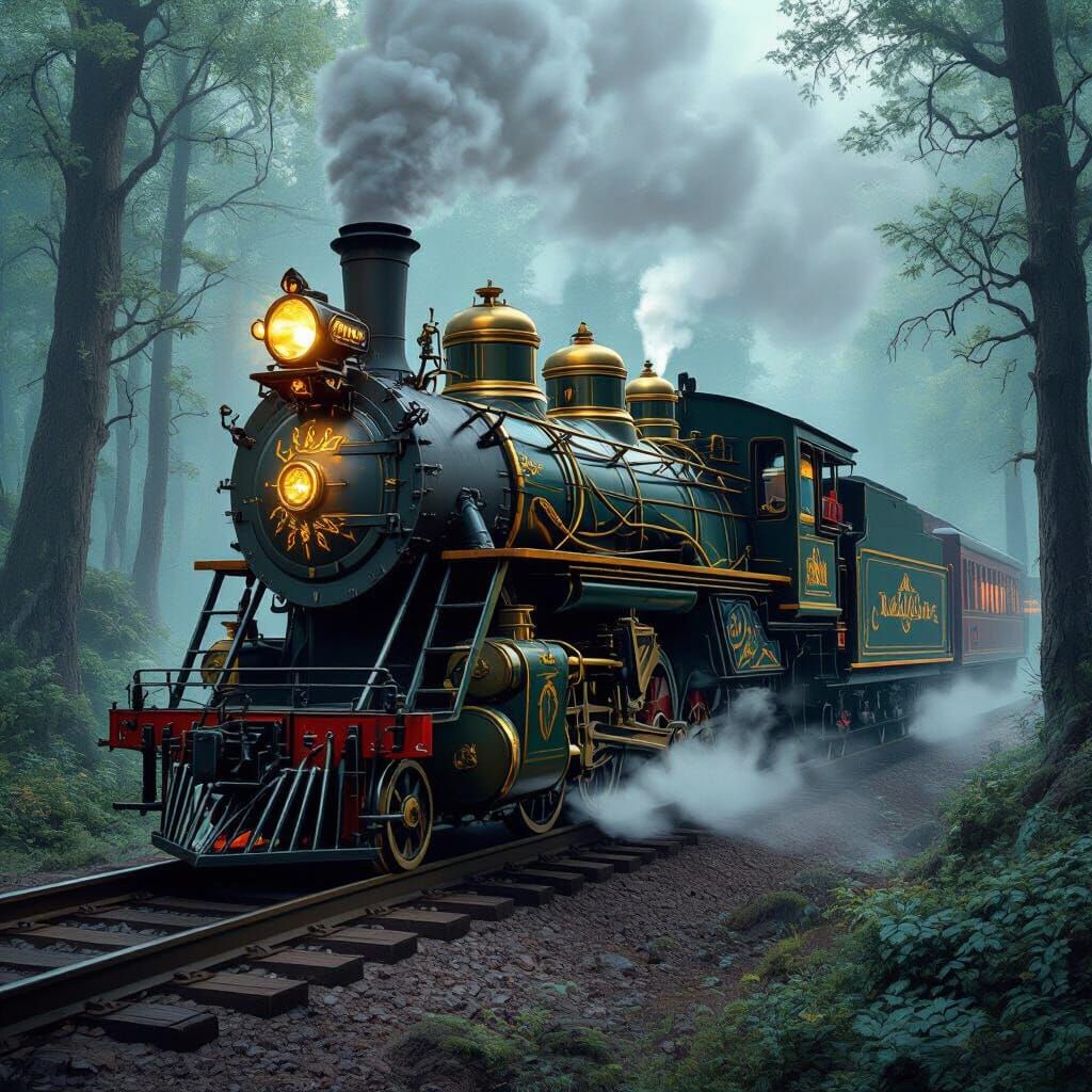 Art Nouveau Steam Engine in Bioluminescent Forest