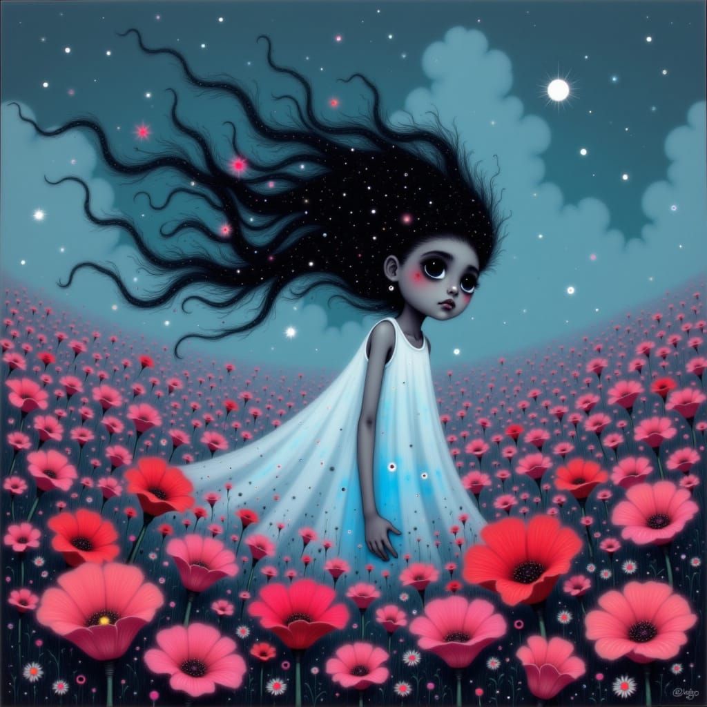 Ethereal Ghost Girl in Poppy Field at Twilight