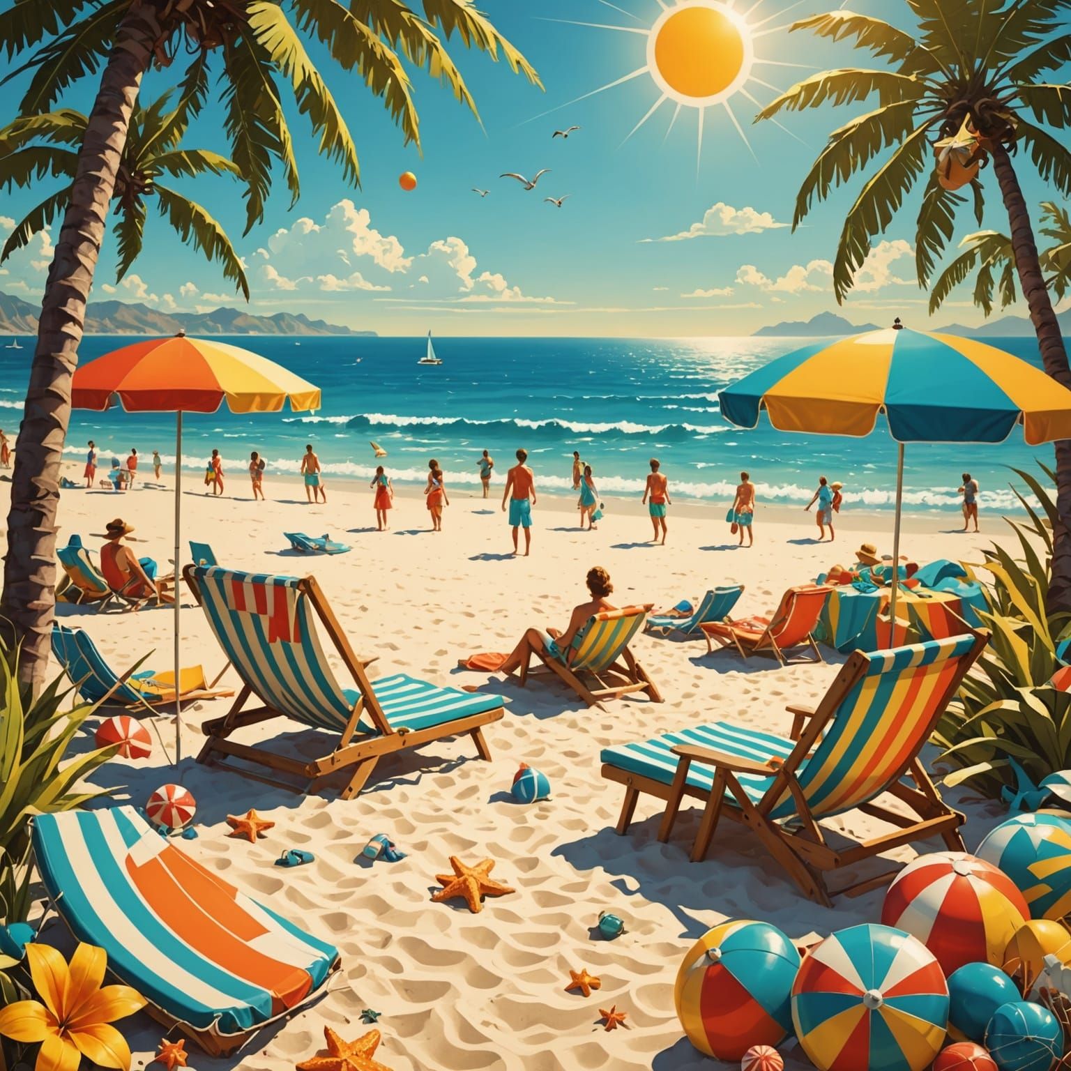 Vibrant Retro Beach Scene with Whimsical Sun
