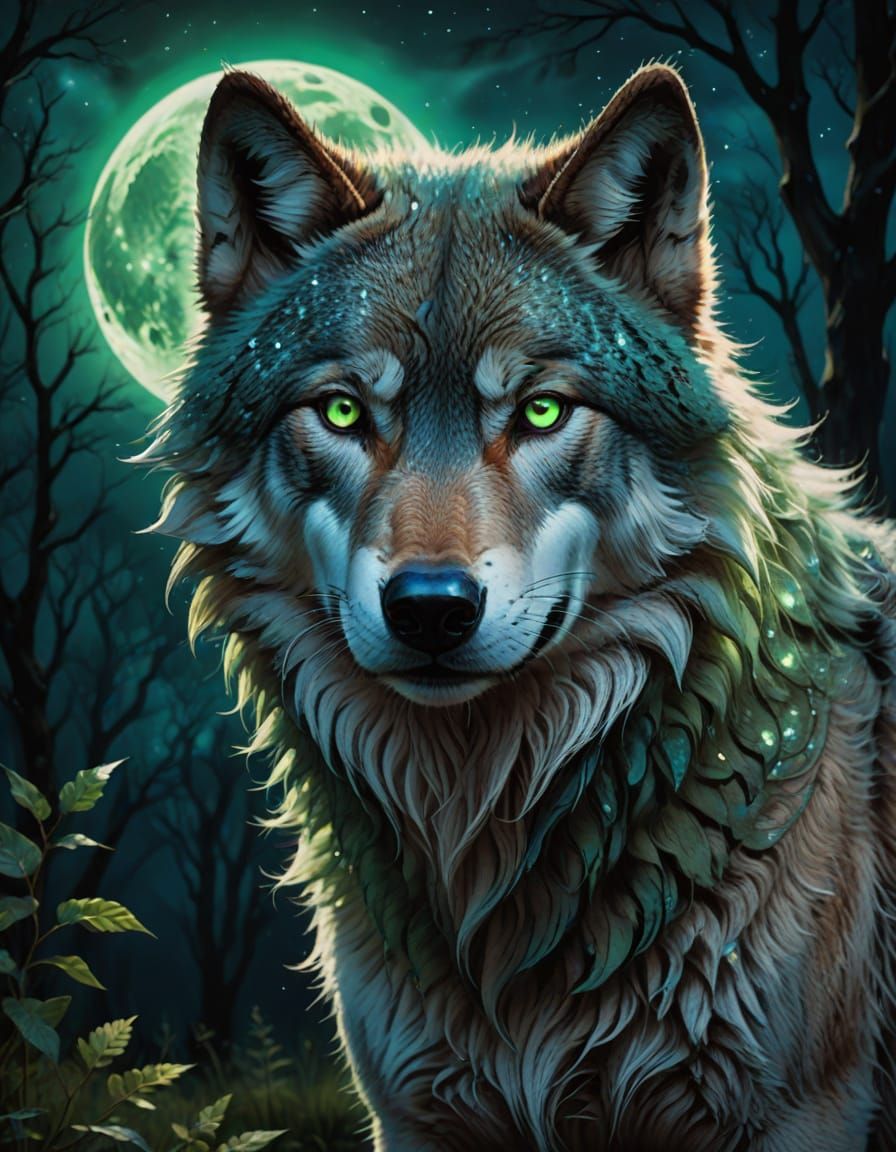 Luminous Wolf in Moonlit Digital Painting