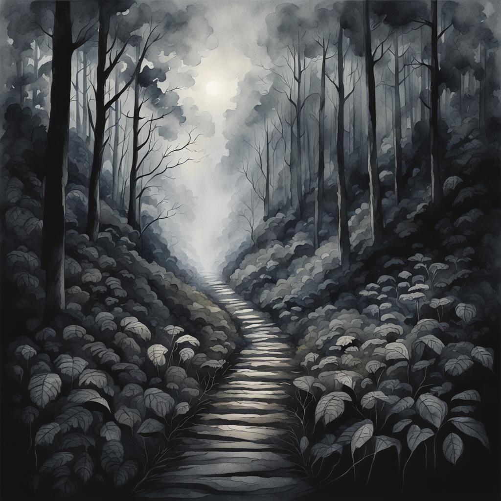Mysterious Forest Path in Dark Moody Watercolour