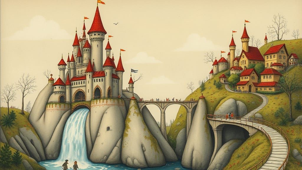 Enchanted Castle with Whimsical Village and Waterfall