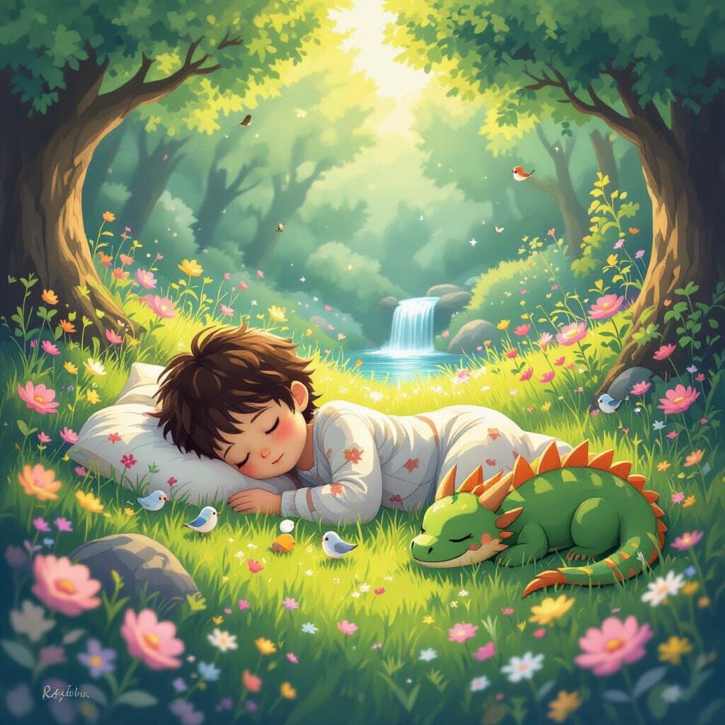 Boy Sleeping in Enchanted Garden in Anime Style