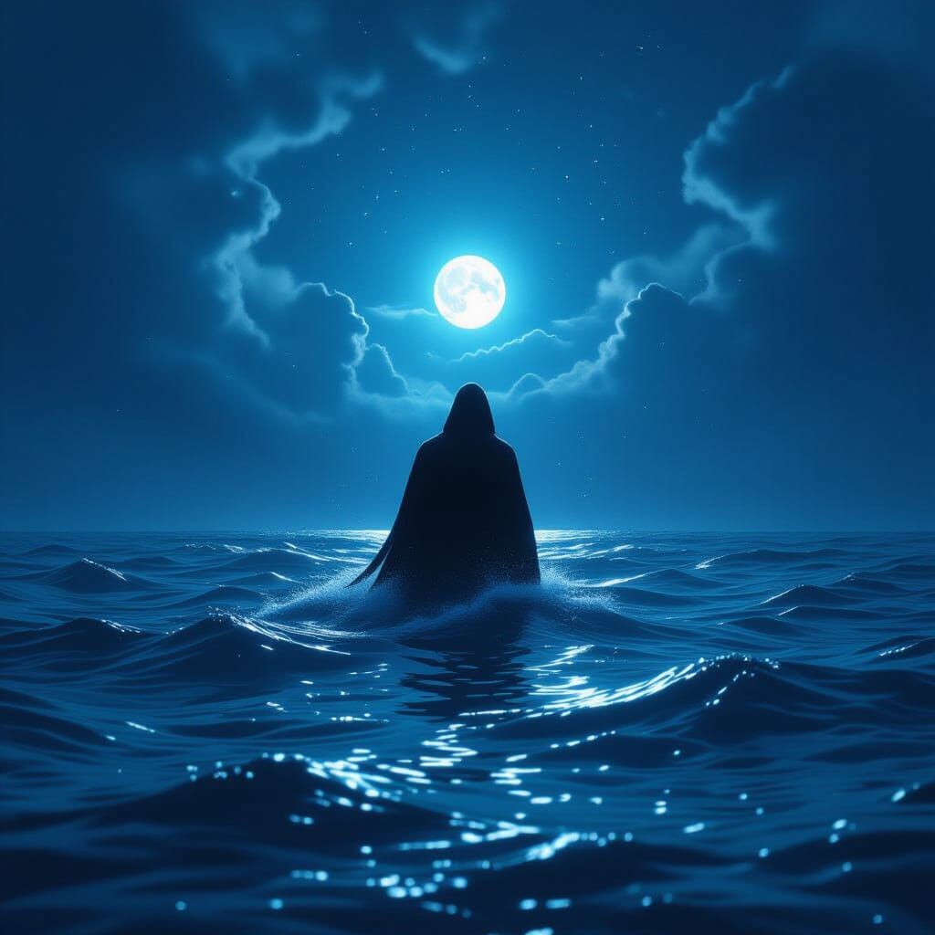 Mysterious Figure Emerges from Dark Sea in Digital Art