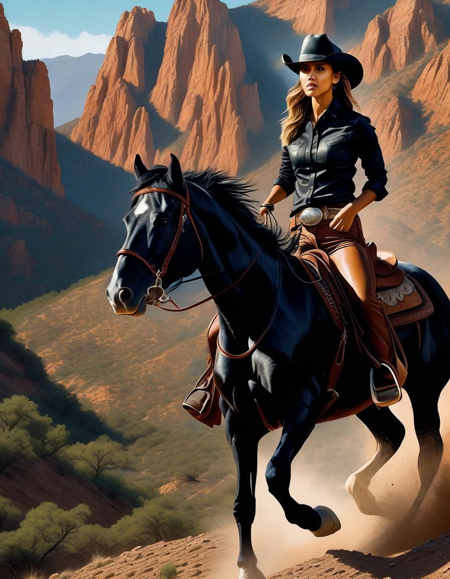 Cowgirl on Horseback: Photorealistic Oil Painting