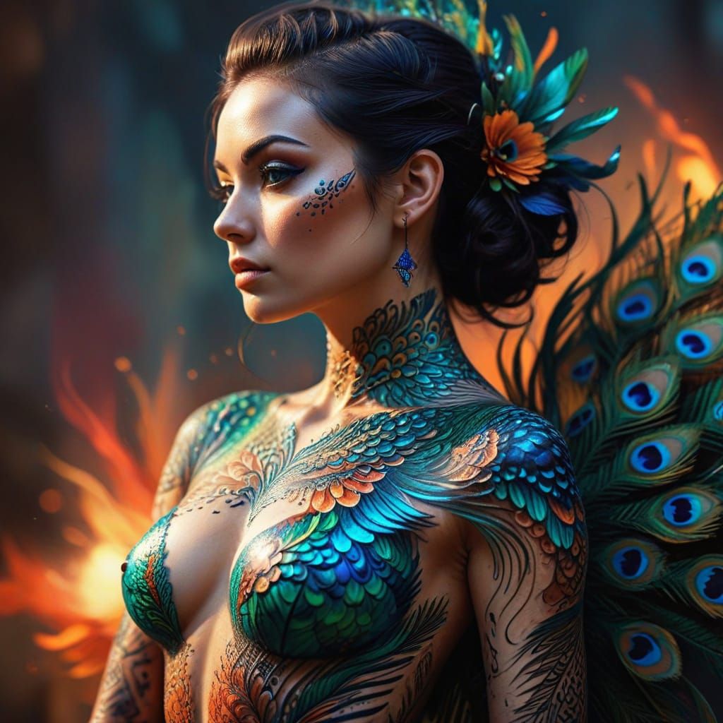 Woman with Vibrant Peacock Tattoo, Splash Art Style