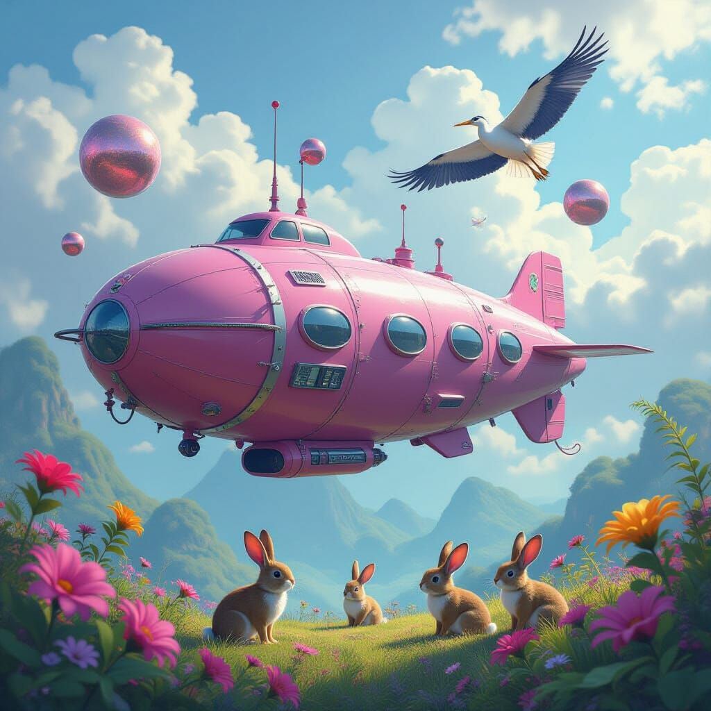 Pink Airship Floats Above Tropical Habitat