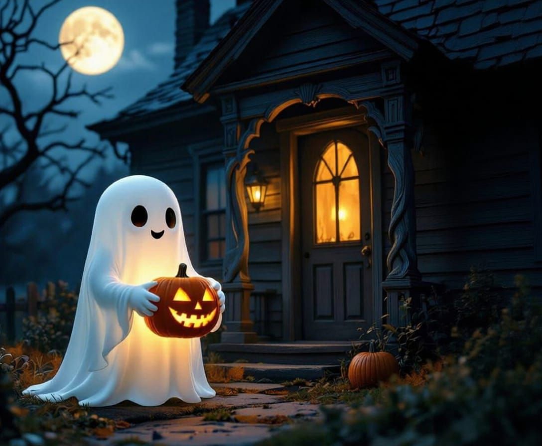 Cute Ghost with Pumpkin Outside Old House
