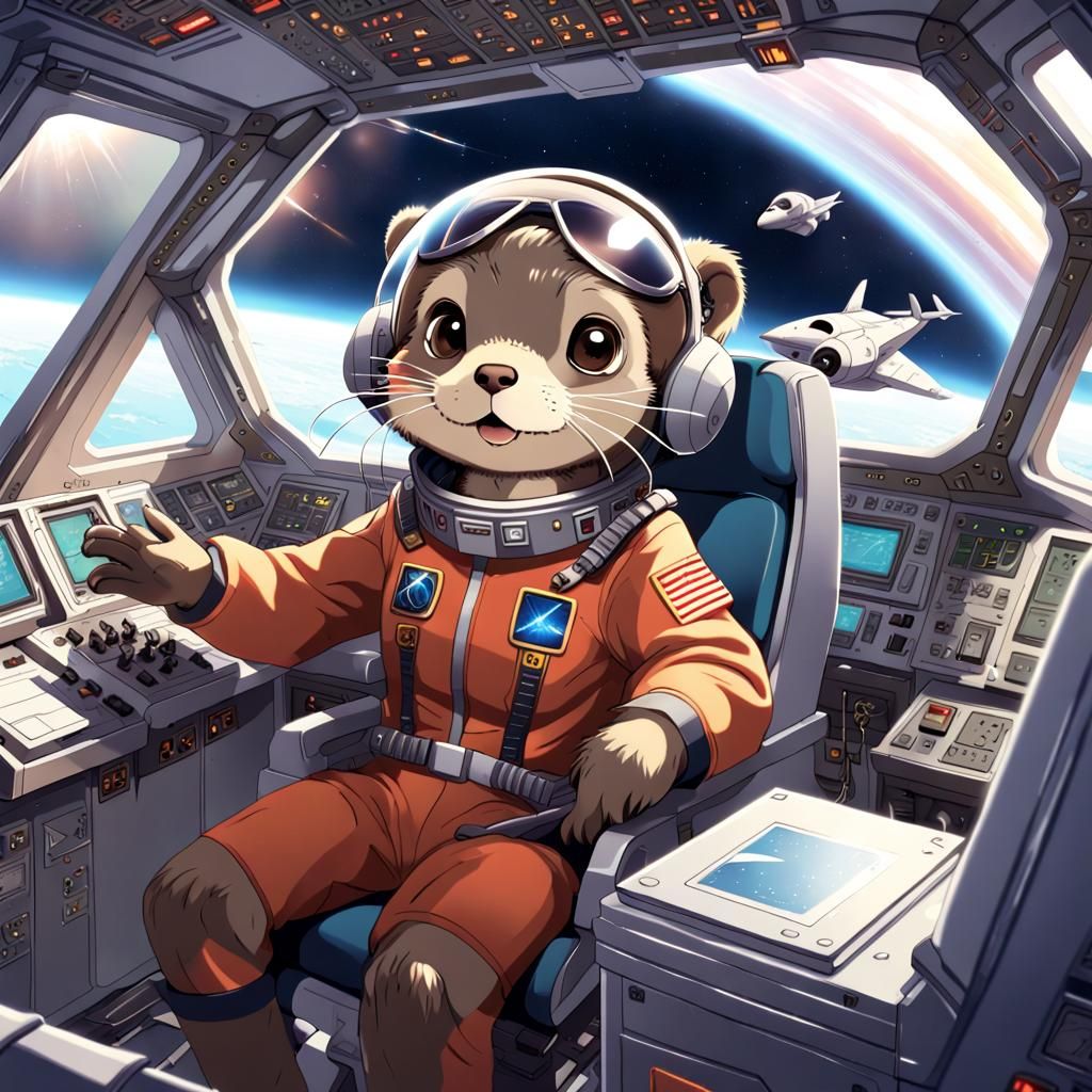 Otter Pilot Soaring Through Space in Anime Style