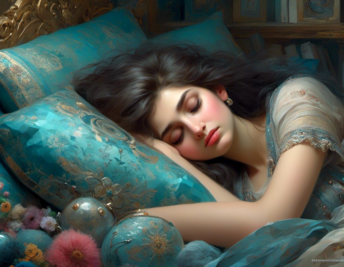 Azerbaijani Woman Sleeping on a Silver-Blue Pillow