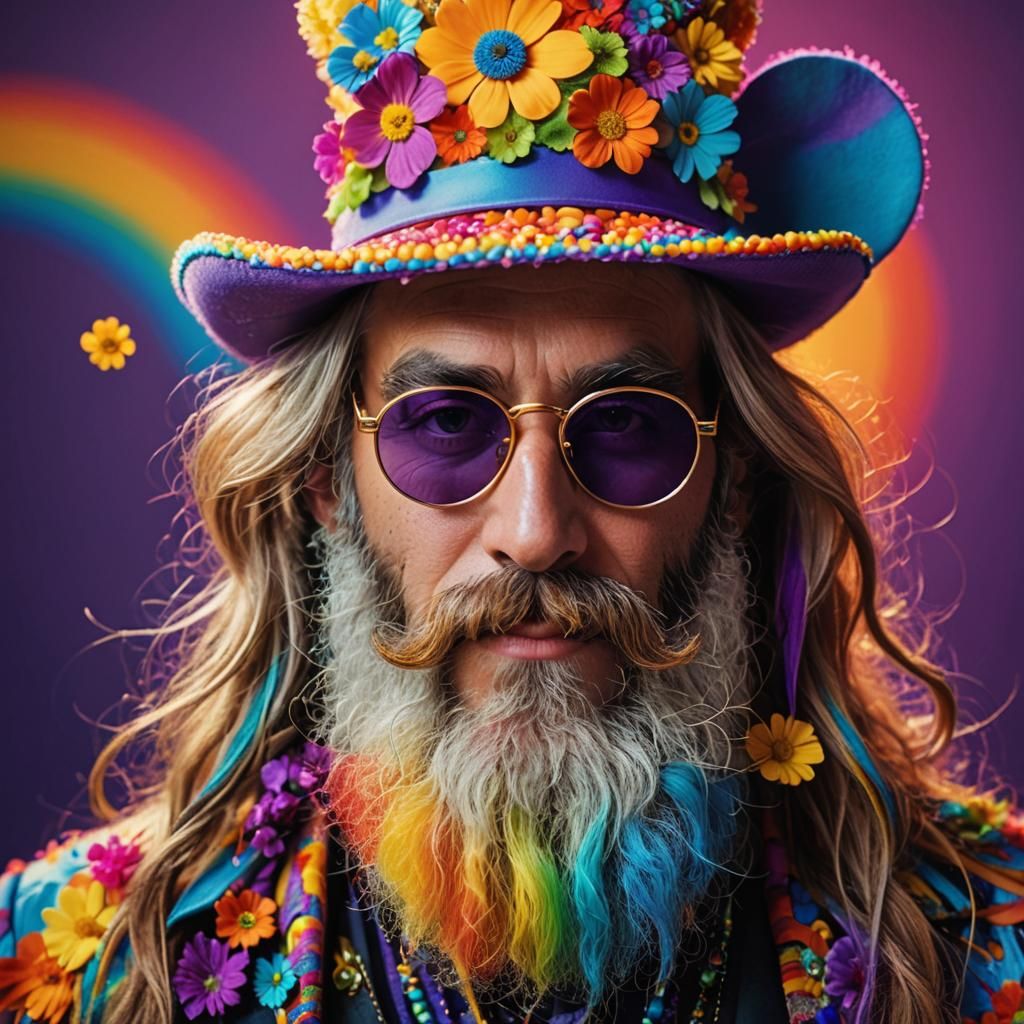 Psychedelic Portrait with Rainbow Beard and Mouse